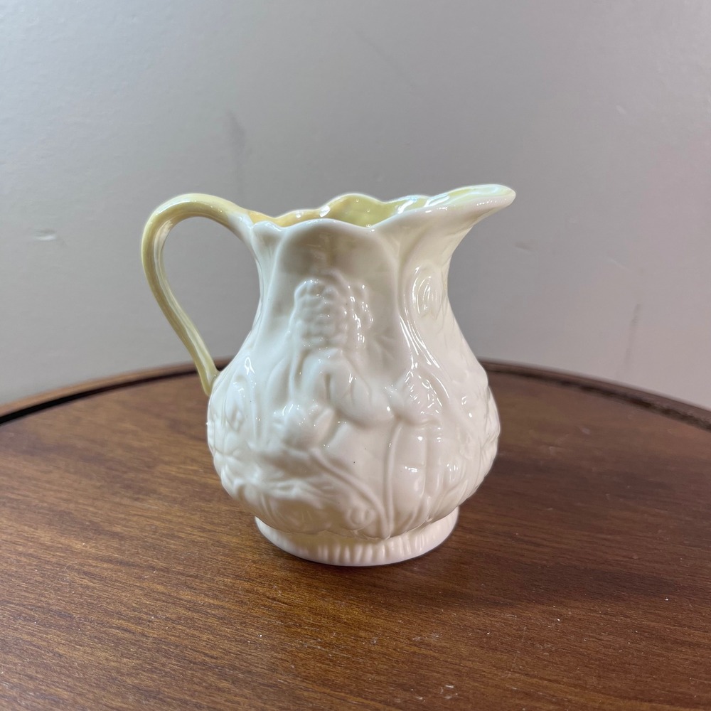 Vtg Belleek Ireland Iris Bacchus Relief Parian China Creamer Pitcher Yellow